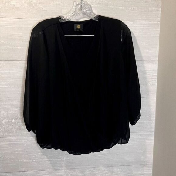 JM Collection Women's V-neckline Mesh Trim Long Sleeves Pullover Blouse - Picture 3 of 5